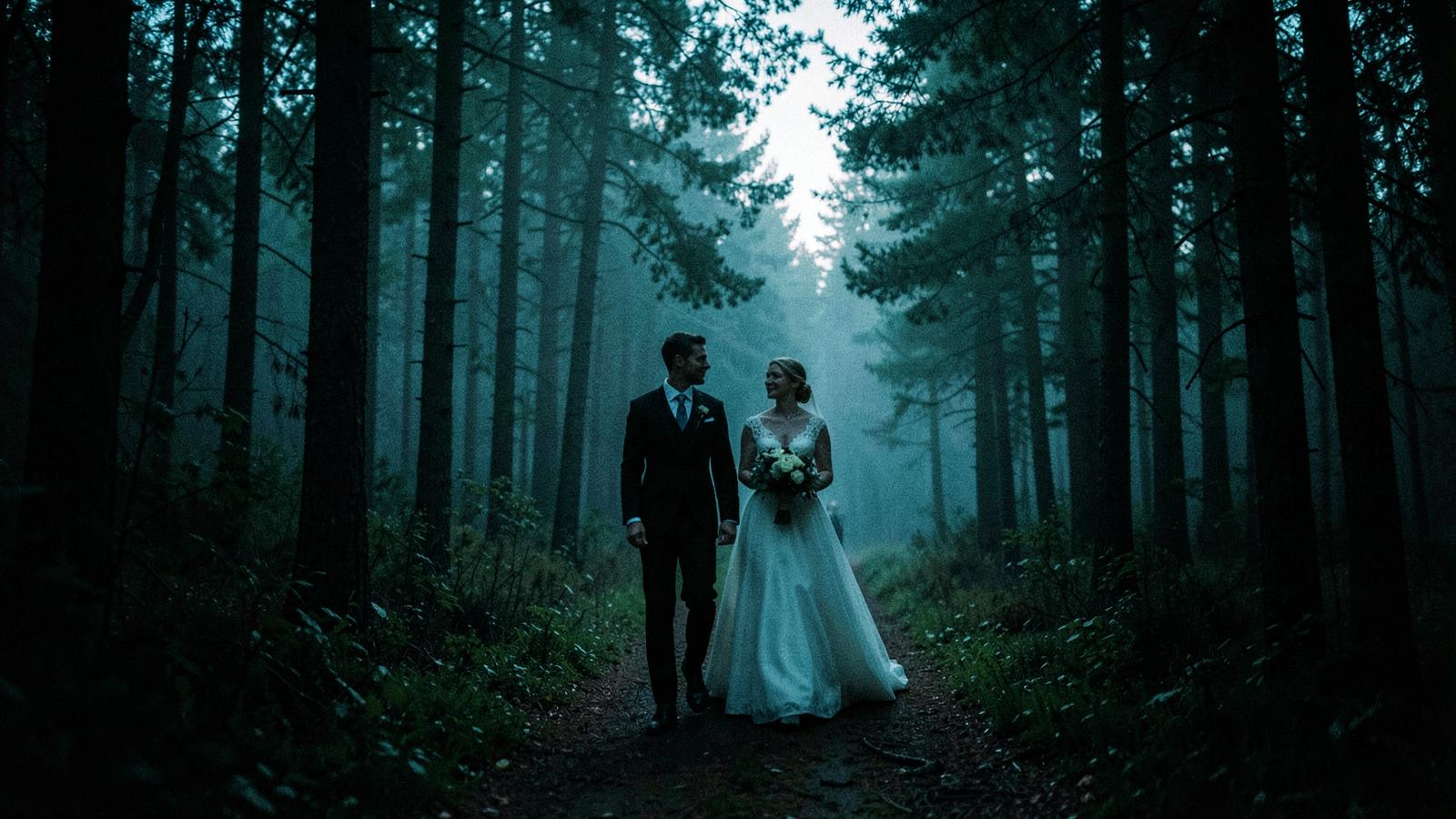 Couple walking through a misty Swedish forest at dusk