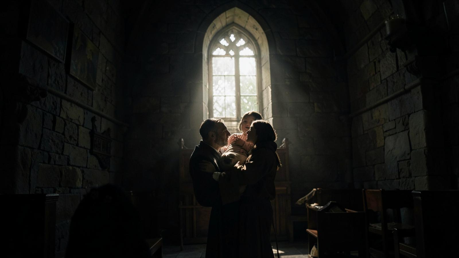 Baptism in a dim stone church